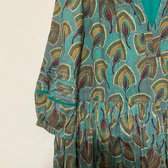 Sundance Feather Print Teal Dress, Tiered, with Pockets, lined XL - Picture 3 of 10